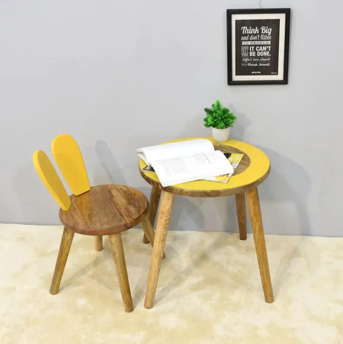 Handmade 100% Mango Wood Kids Yellow Color Round Shaped Rabbit Theme Indoor Table & Chair