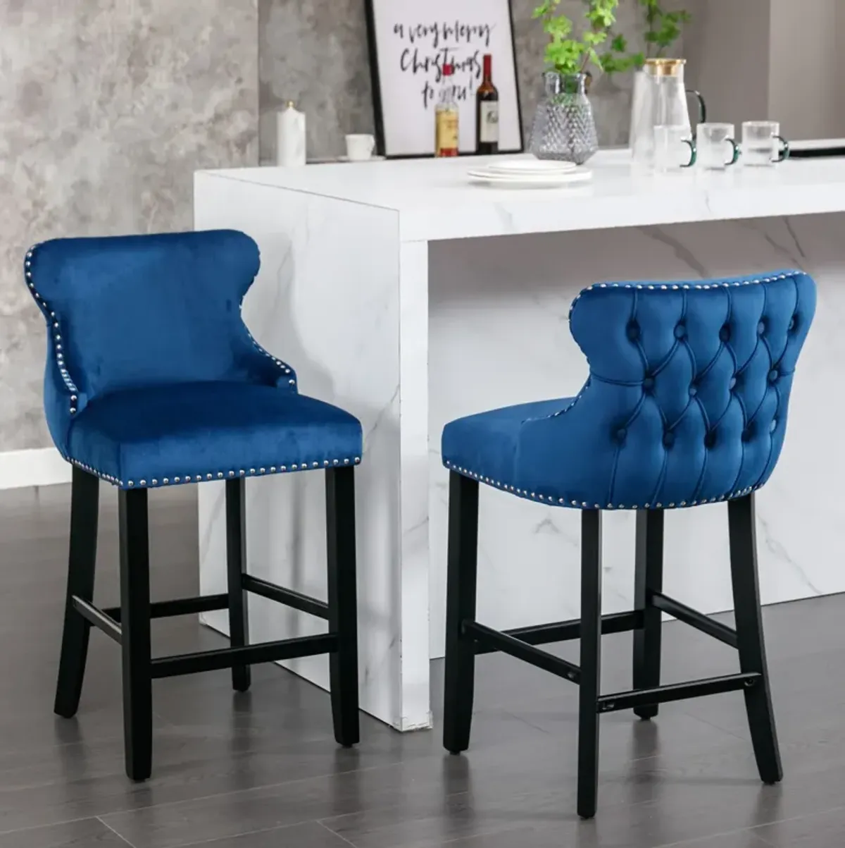 Hivvago 2pcs Chrome Accent Wingback Bar Stools Tufted Velvet with Nailhead and Legs