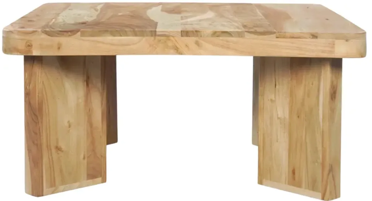 Cascade 32 Inch Coffee Table, Handcrafted Natural Acacia Wood, Square Top with Diagonal Wide Panel Legs