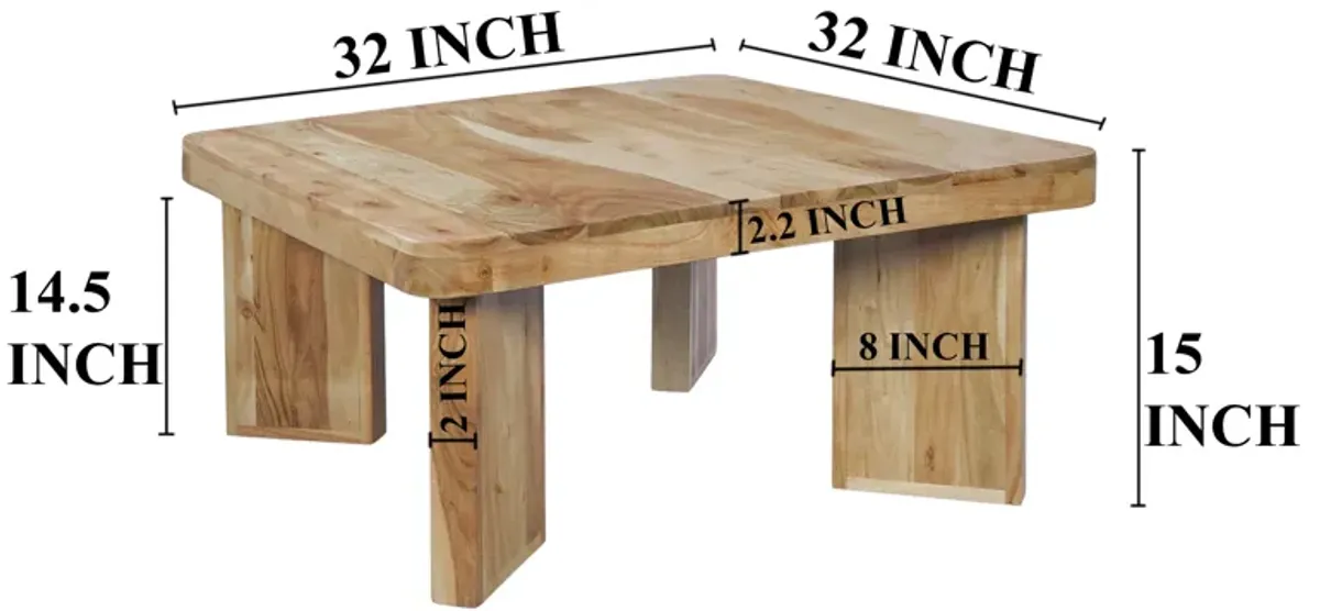 Cascade 32 Inch Coffee Table, Handcrafted Natural Acacia Wood, Square Top with Diagonal Wide Panel Legs