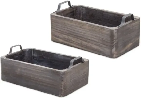Wooden Box Tray With Metal Handle Accent (Set of 2)