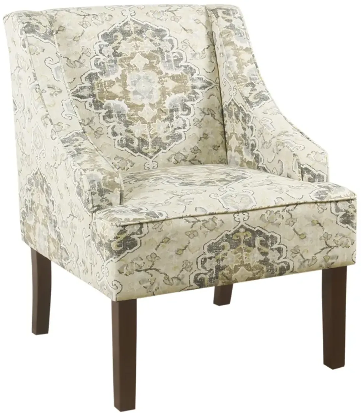 Fabric Upholstered Wooden Accent Chair with Swooping Armrests, Multicolor - Benzara