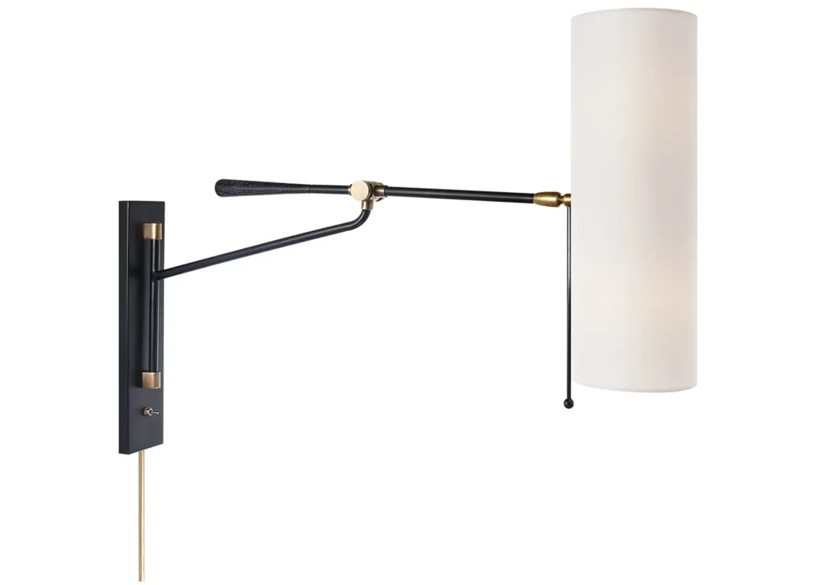 Frankfort Articulating Wall Light in Black and Hand-Rubbed Antique Brass Accents with Linen Shade