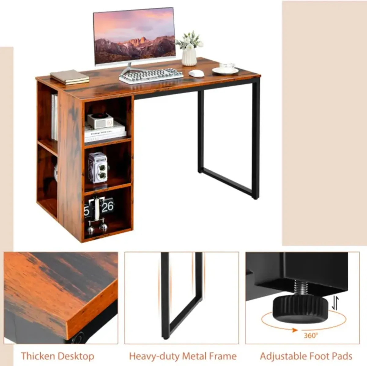 Hivvago Computer Desk with 5 Side Shelves and Metal Frame