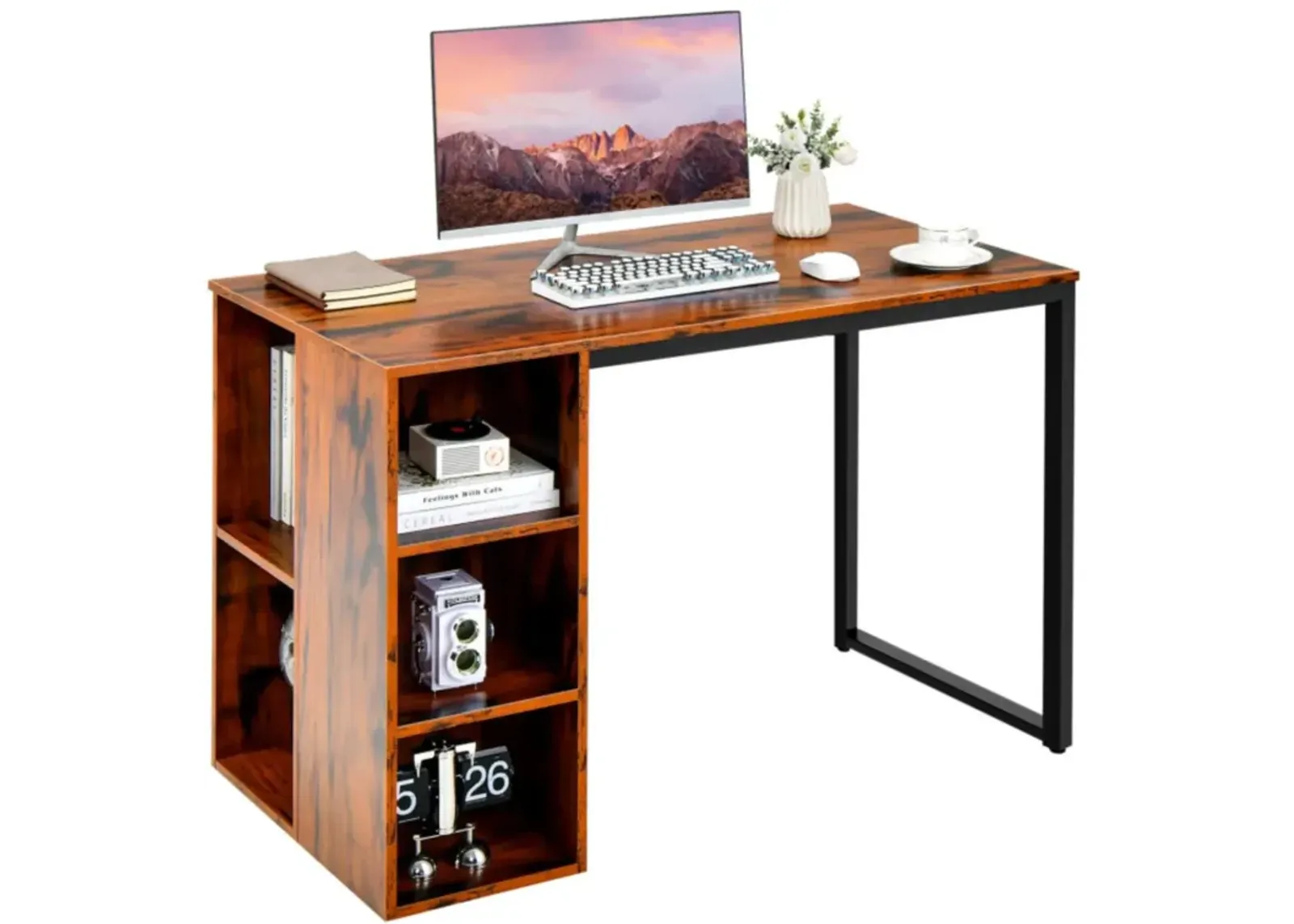 Hivvago Computer Desk with 5 Side Shelves and Metal Frame