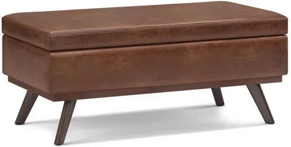 Owen Lift Top Large Coffee Table Storage Ottoman in Distressed Saddle Brown Faux Leather