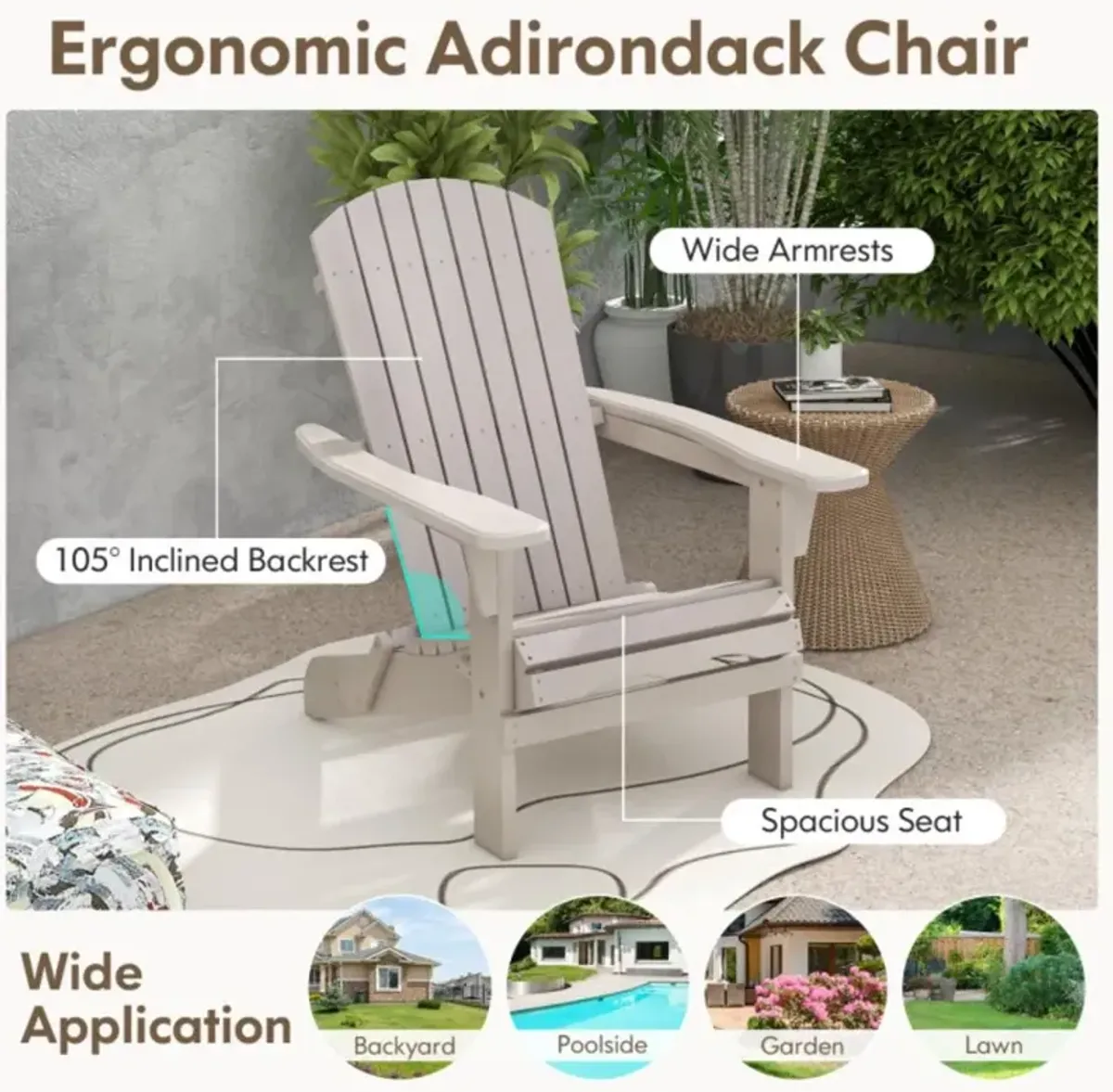 Hivvago 1 Piece Folding Adirondack Chair with High Backrest and Wide Armrests