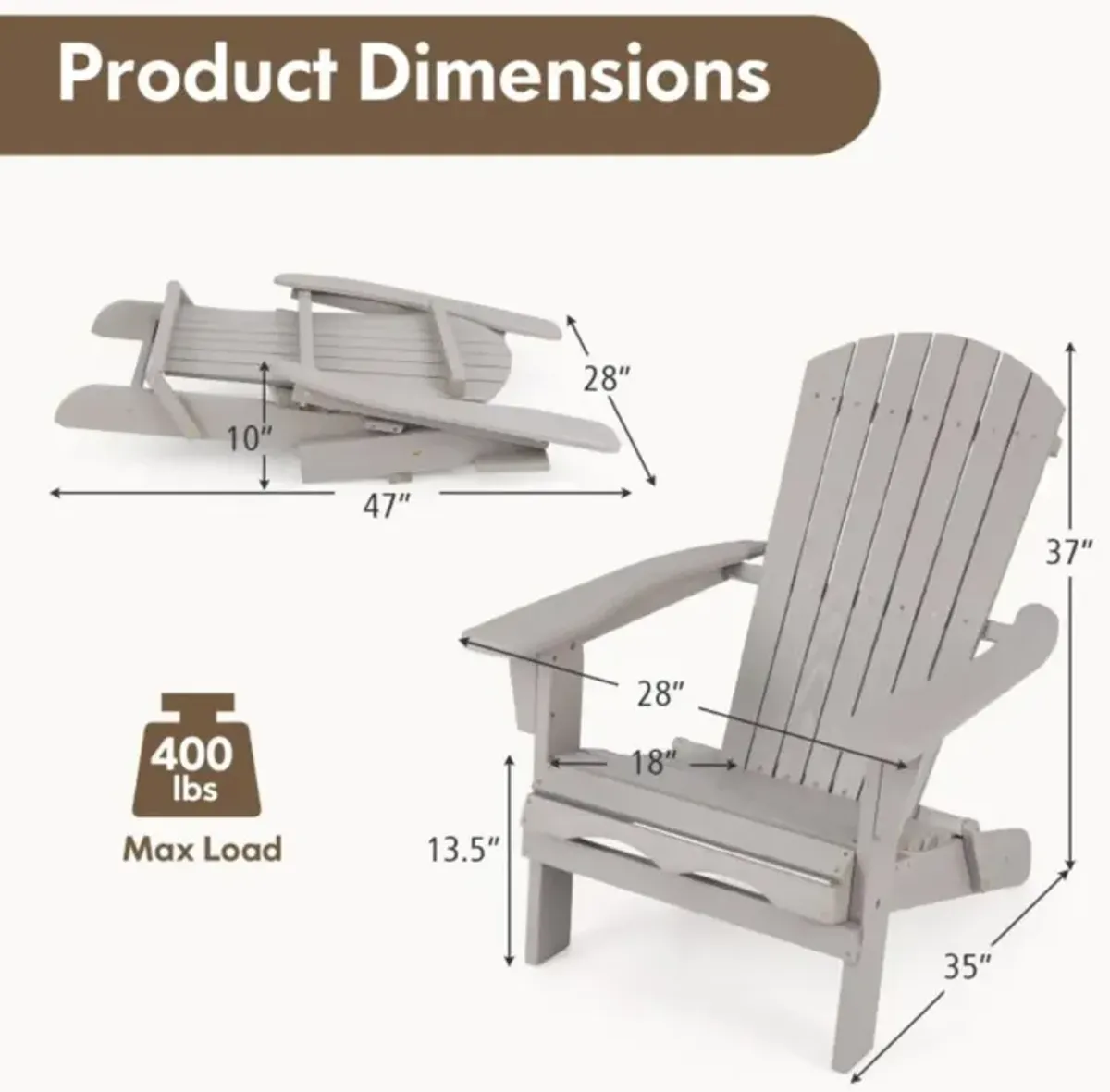 Hivvago 1 Piece Folding Adirondack Chair with High Backrest and Wide Armrests