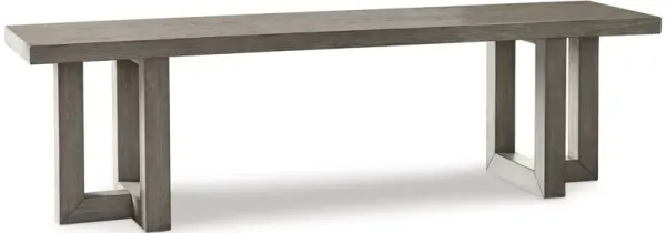 Gif 64 Inch Dining Bench, Geometric Pedestal Legs, Weathered Gray Finish - Benzara