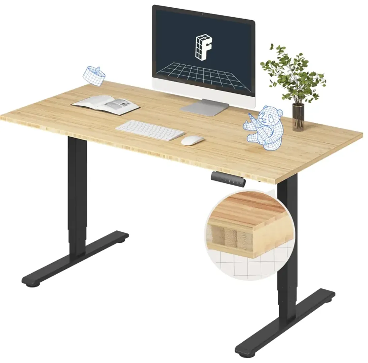 FLEXISPOT E6 Essential Bamboo 3 Stages Dual Motor 55x28 Inch Electric Height Adjustable Standing Desk Whole-Piece Board Desk Sit