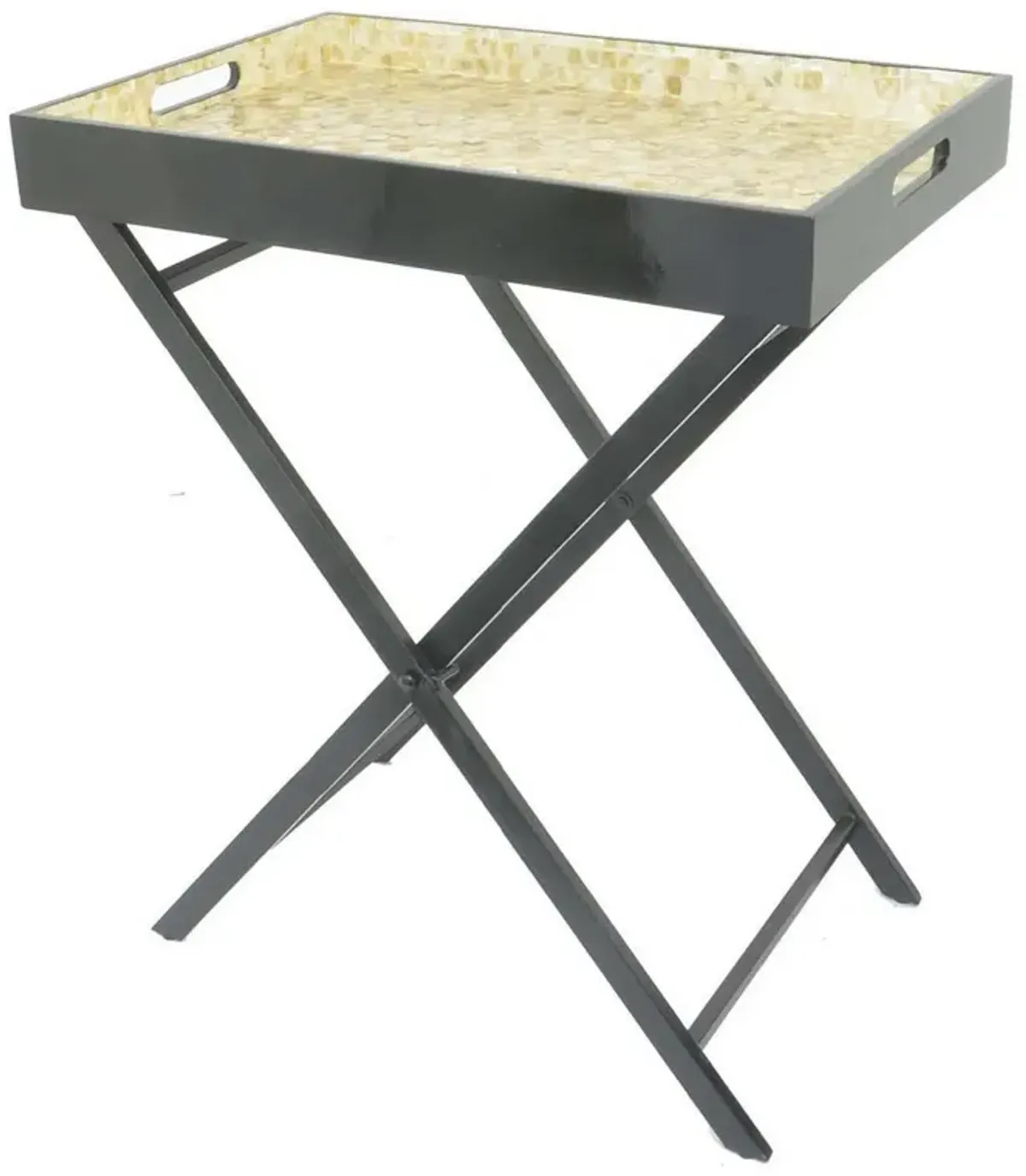 Dain 28 Inch Serving Tray Table, Foldable, Black Metal Stand, Multicolor - Benzara