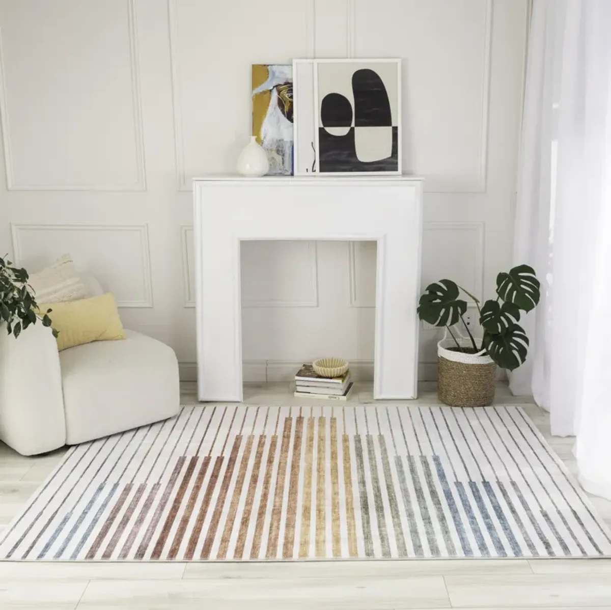 Eclipse Colorful Striped Rainbow White Beige Indoor Area Rug