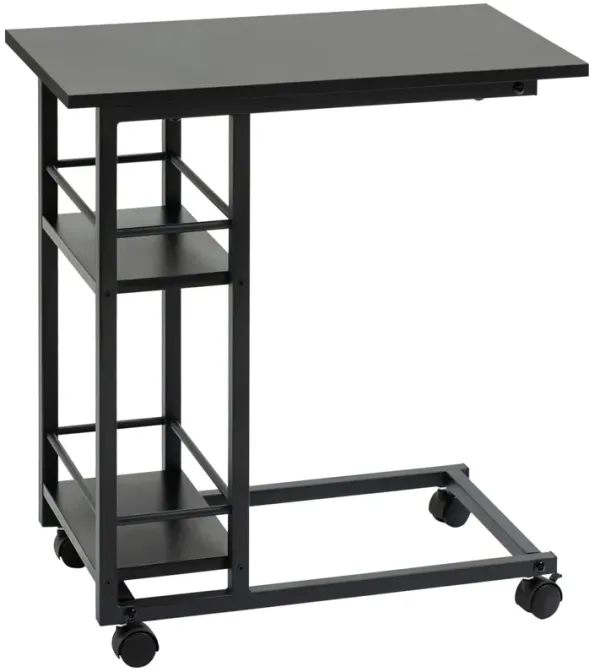 Black Sofa Companion: C-Shaped End Table with Wheels & Storage