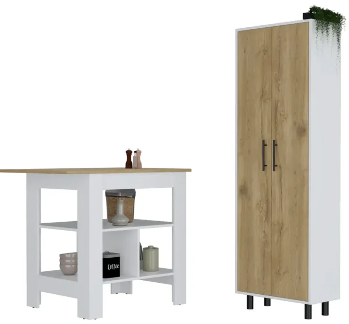 Bowie 2 Piece Kitchen Set, Kitchen Island + Pantry Cabinet, White / Light Oak