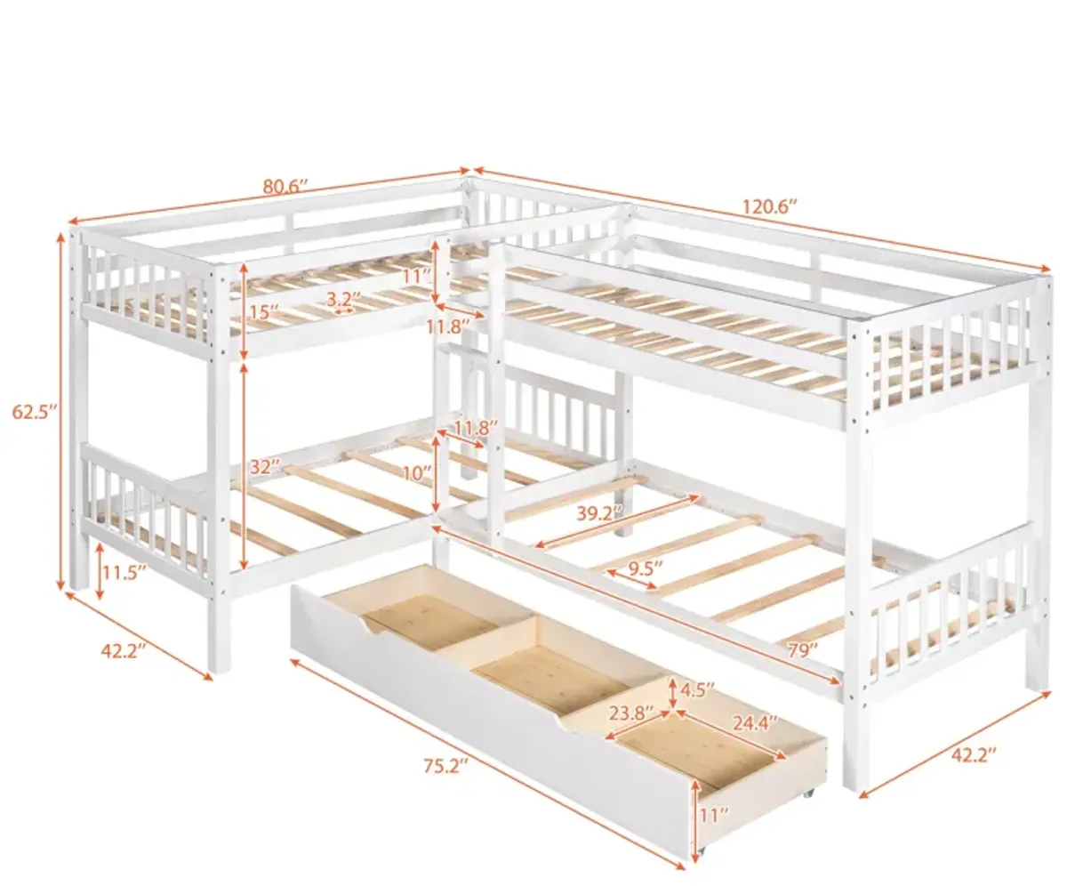 Twin L-Shaped Bunk Bed With Drawers