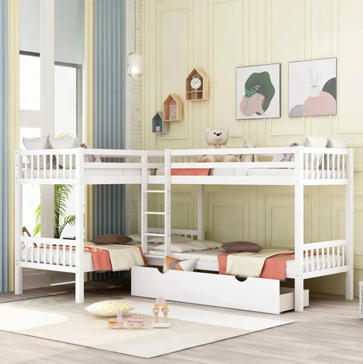 Twin L-Shaped Bunk Bed With Drawers