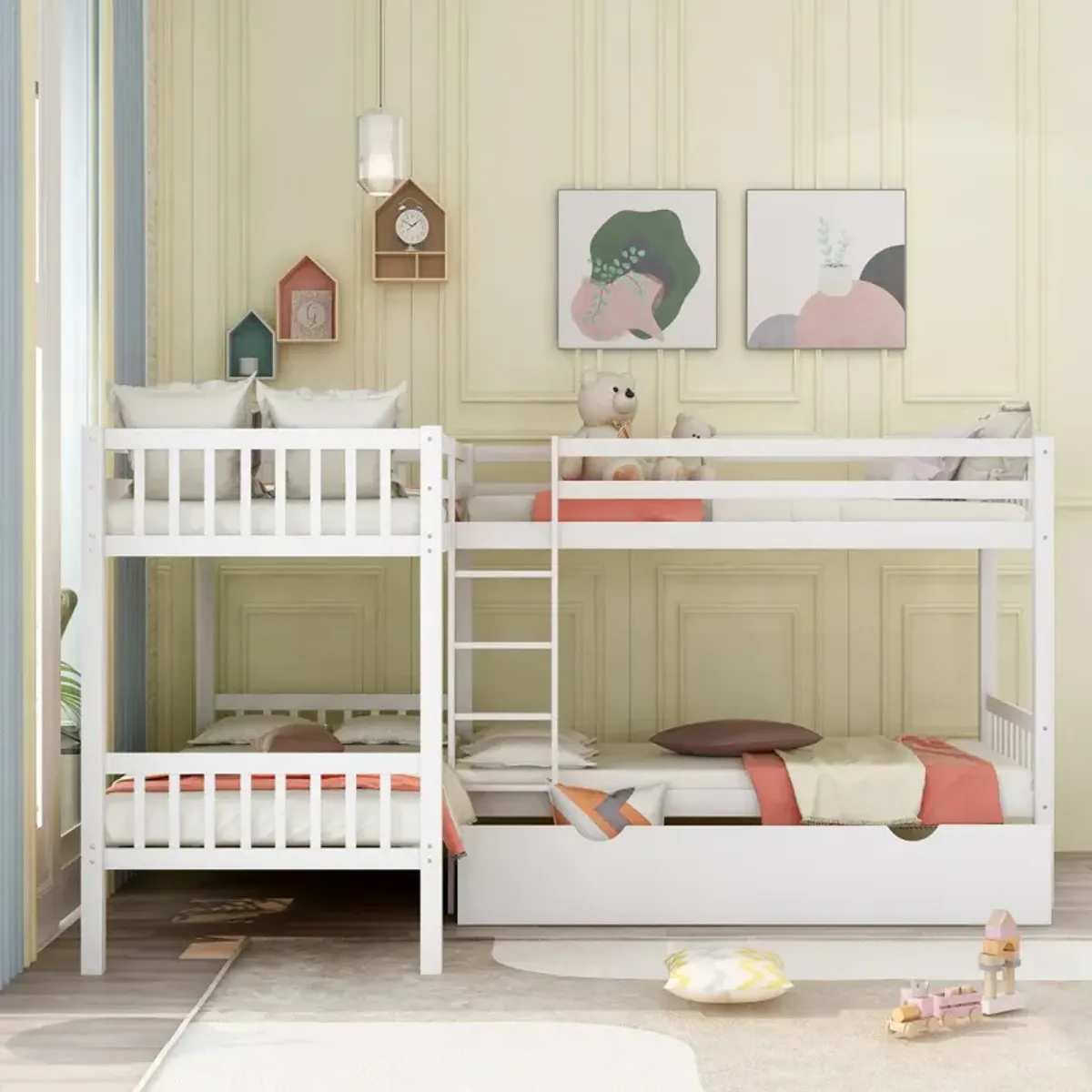 Twin L-Shaped Bunk Bed With Drawers