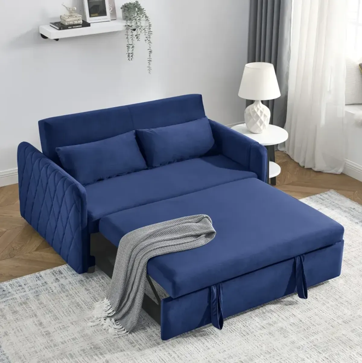 55" Modern Convertible Sofa Bed With 2 Detachable Arm Pockets, Velvet Loveseat Sofa With Pull Out