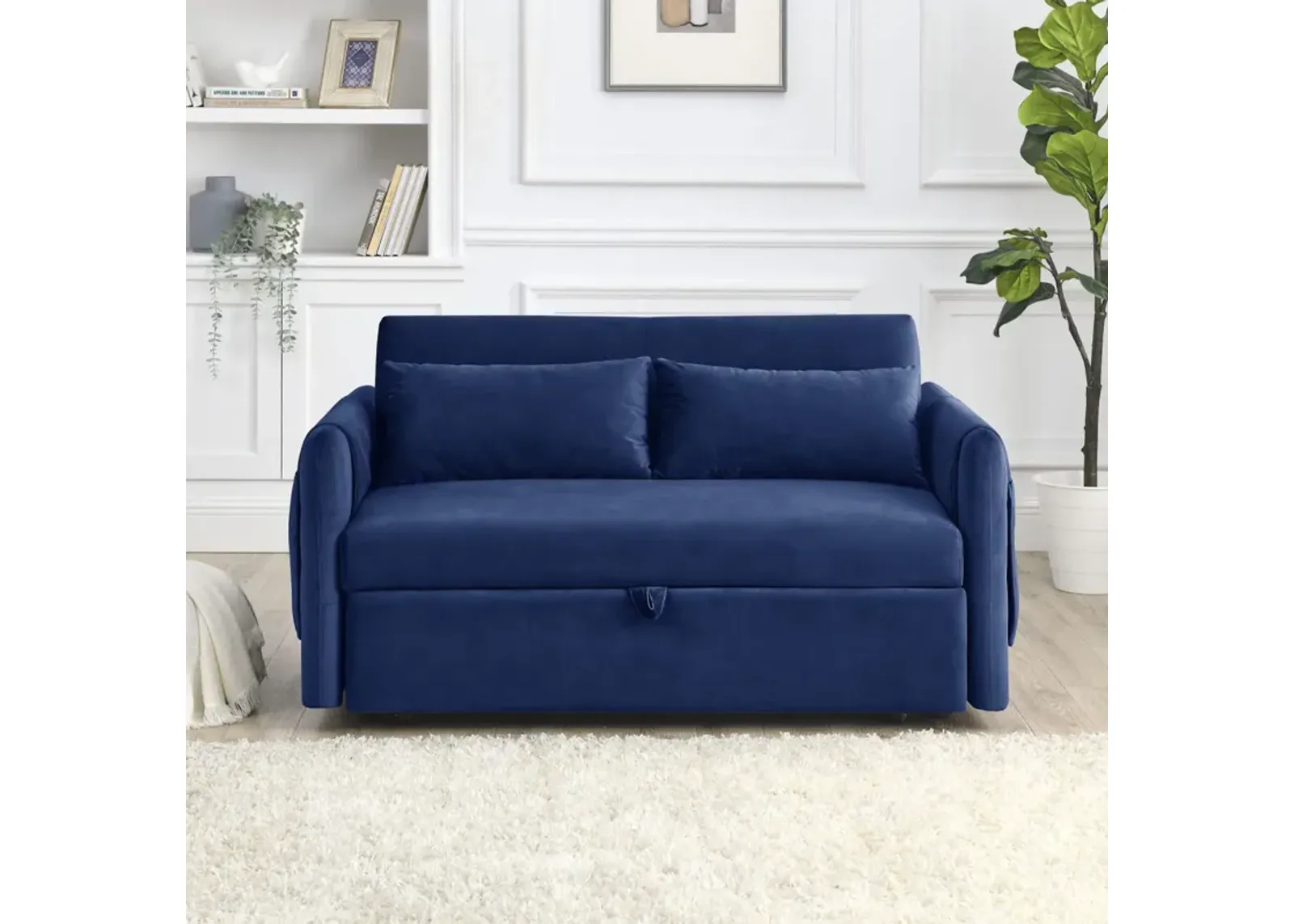 55" Modern Convertible Sofa Bed With 2 Detachable Arm Pockets, Velvet Loveseat Sofa With Pull Out