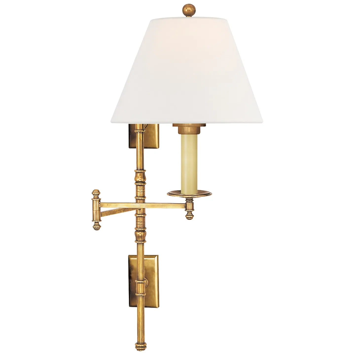 Dorchester Double Backplate Swing Arm in Antique-Burnished Brass with Linen Shade