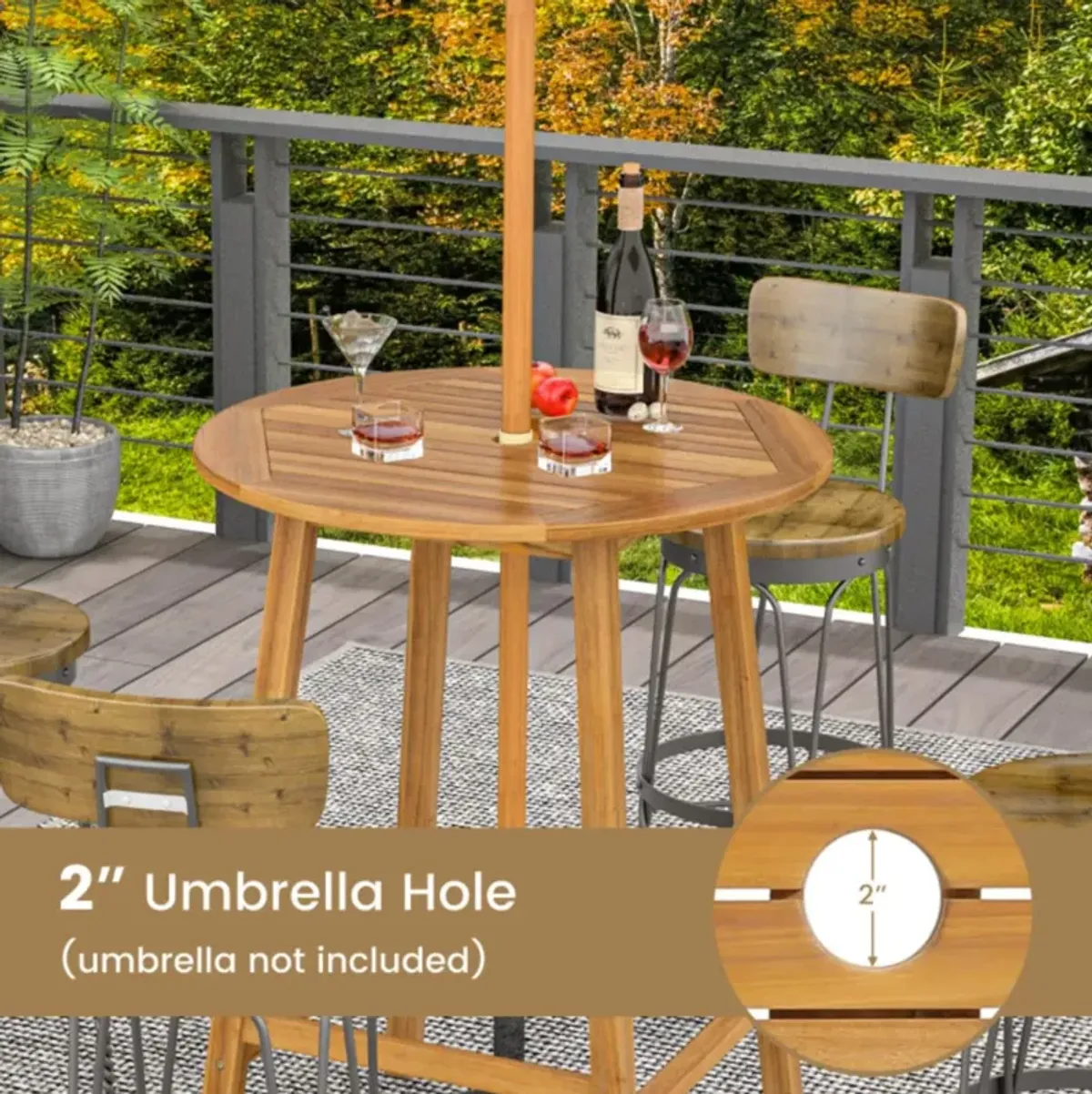 Hivvago Bar Height Table with Umbrella Hole and Slatted Tabletop for Outdoors