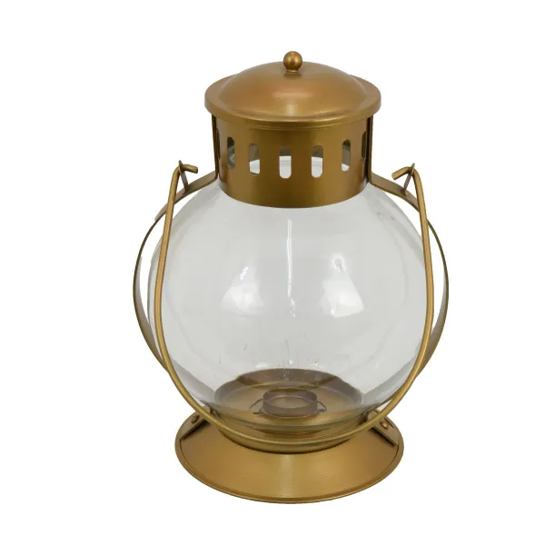 Decorative Lantern, Round Glass Shade, Handle, Golden Metal, 12 Inch - Benzara
