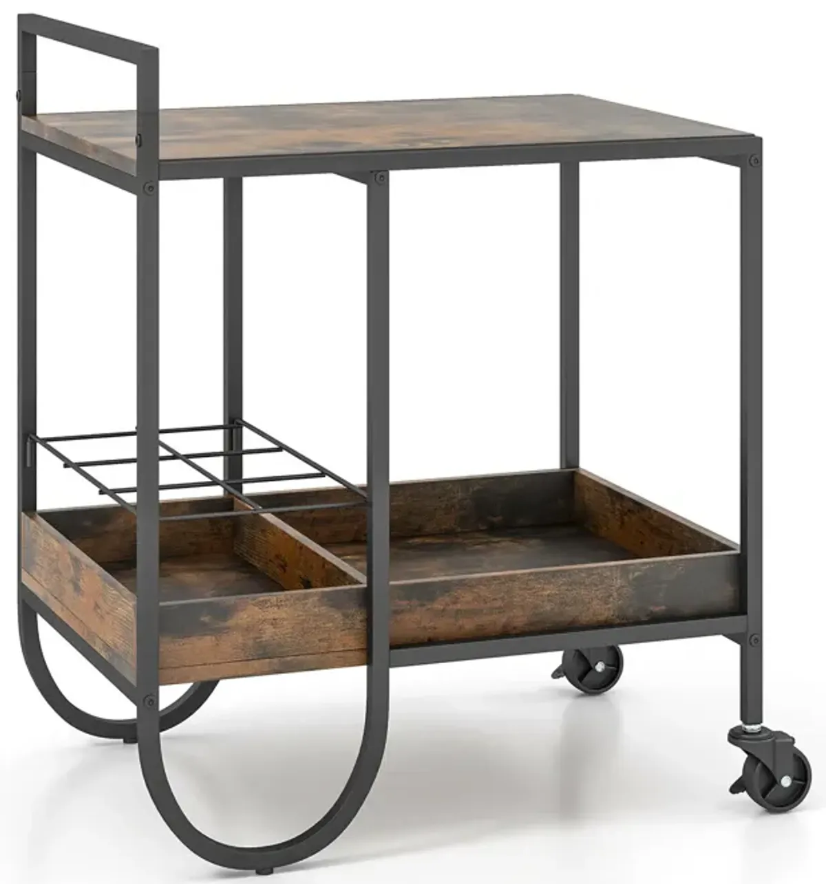 Rolling Buffet Serving Cart with Removable Metal Wire Wine Rack-Brown