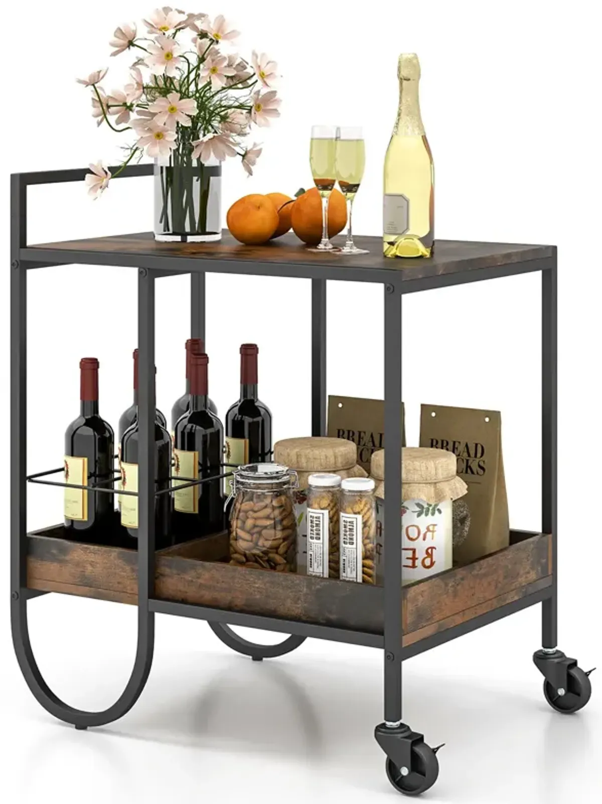Rolling Buffet Serving Cart with Removable Metal Wire Wine Rack-Brown