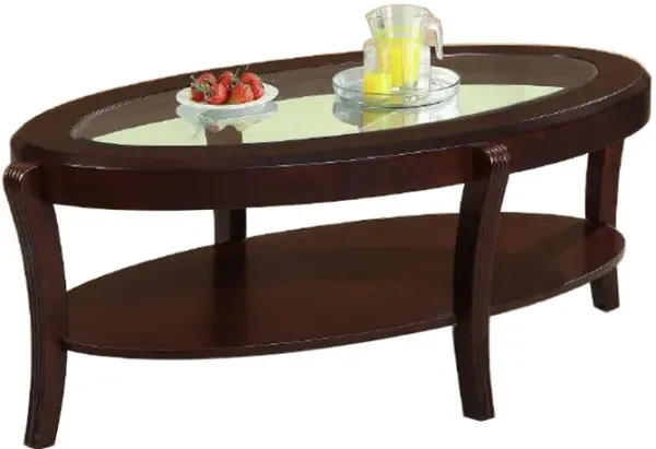Lyn 53 Inch Coffee Table with Oval Glass Top and Lower Shelf, Brown Wood - Benzara