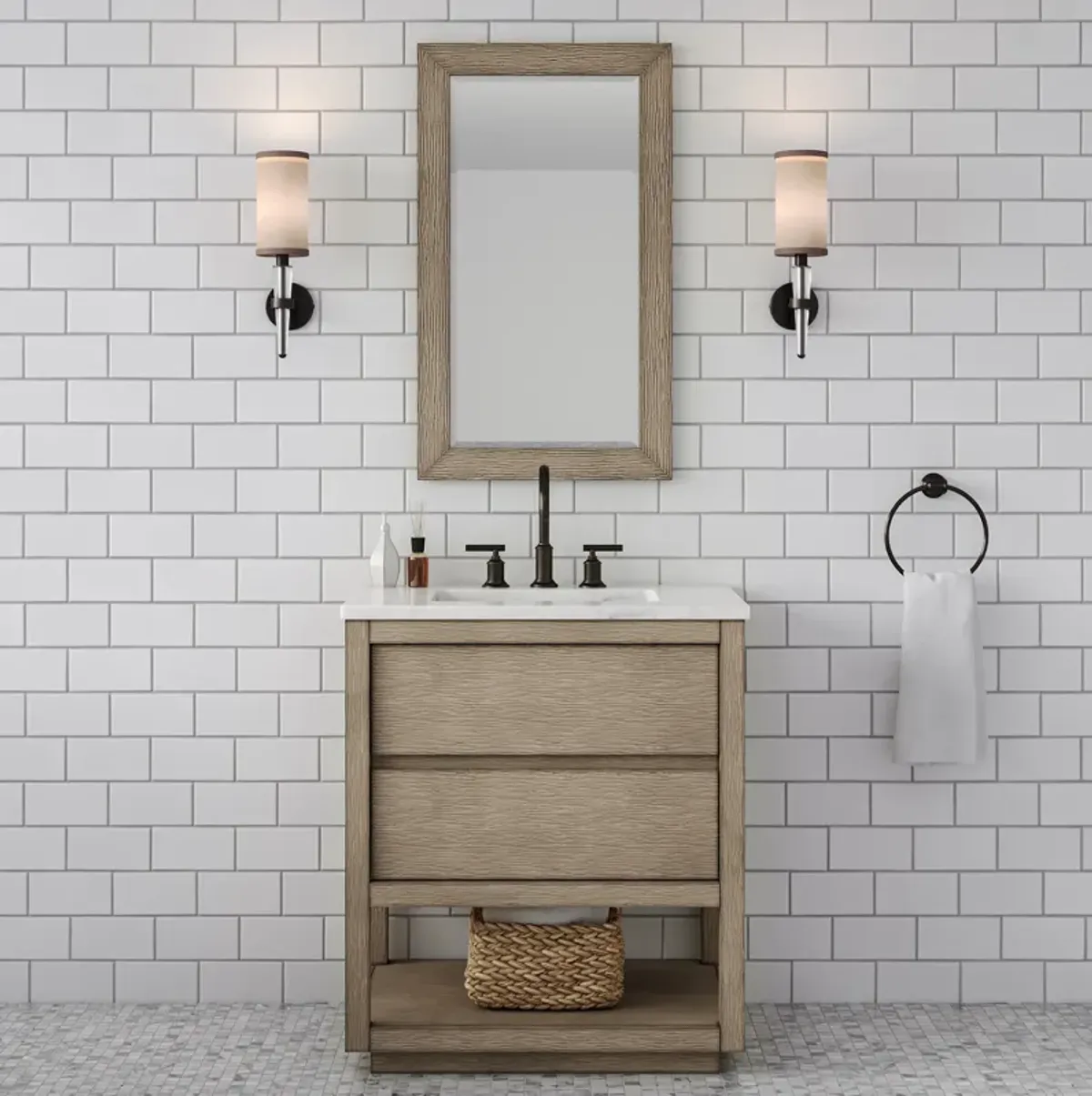 Oakman 30 In. Single Sink Carrara White Marble Countertop Bath Vanity in Grey Oak