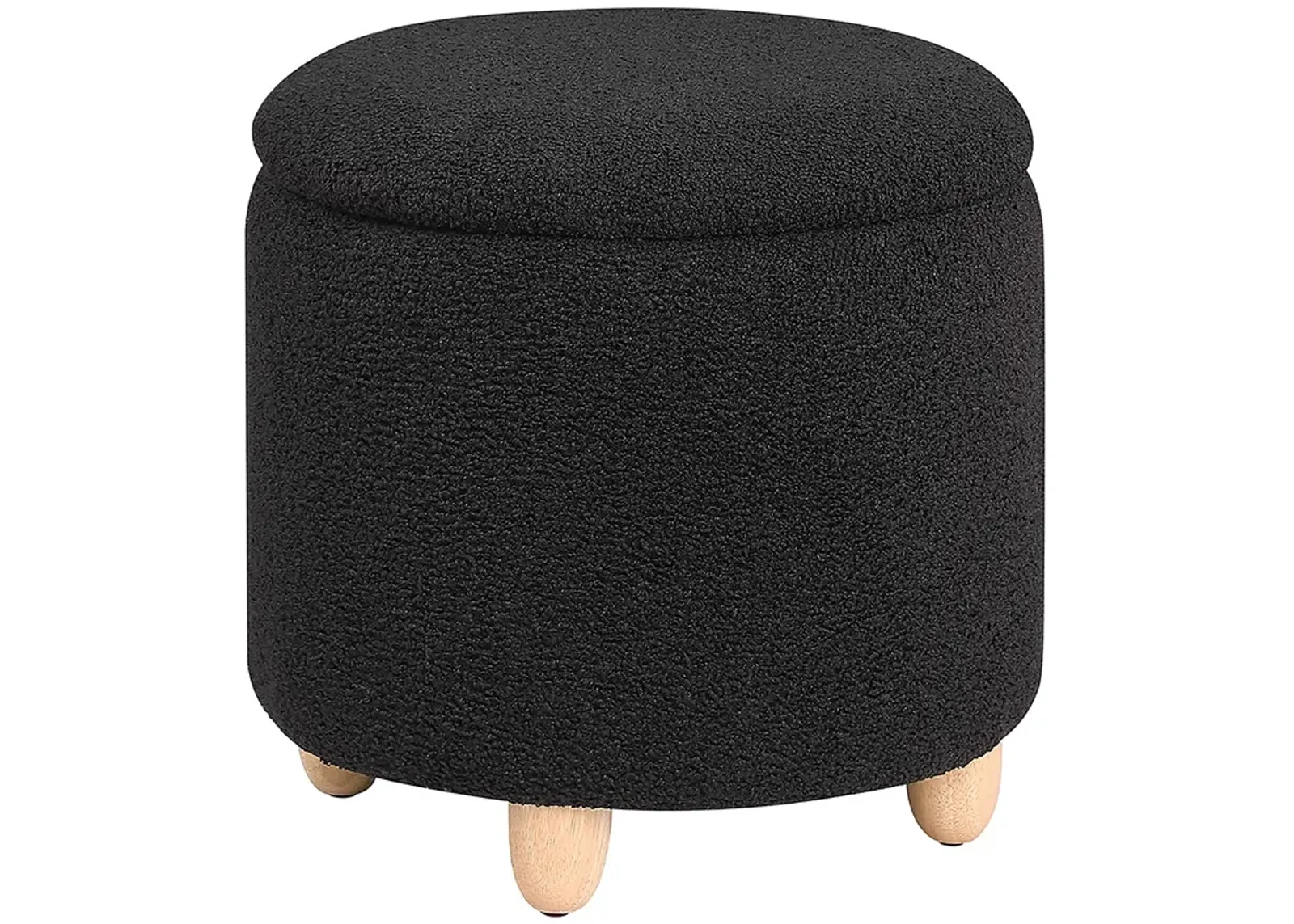 Aia 18 Inch Storage Ottoman, Black Faux Sheepskin, Round Rubberwood Feet - Benzara