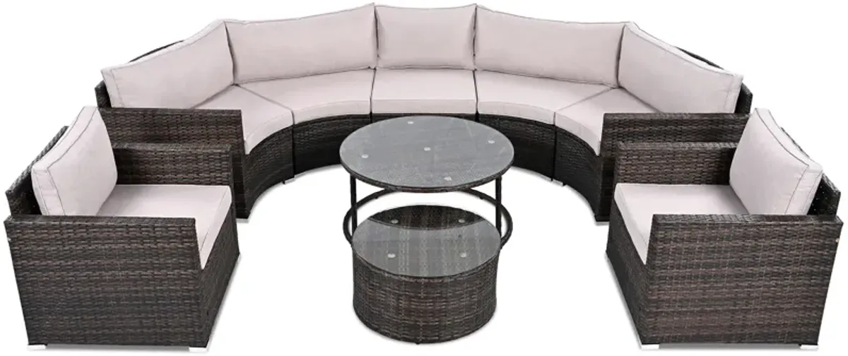 Whisen Modern Style Outdoor Half-moon Patio Sofa Set, 9-Pieces Round Sofa Set - Beige