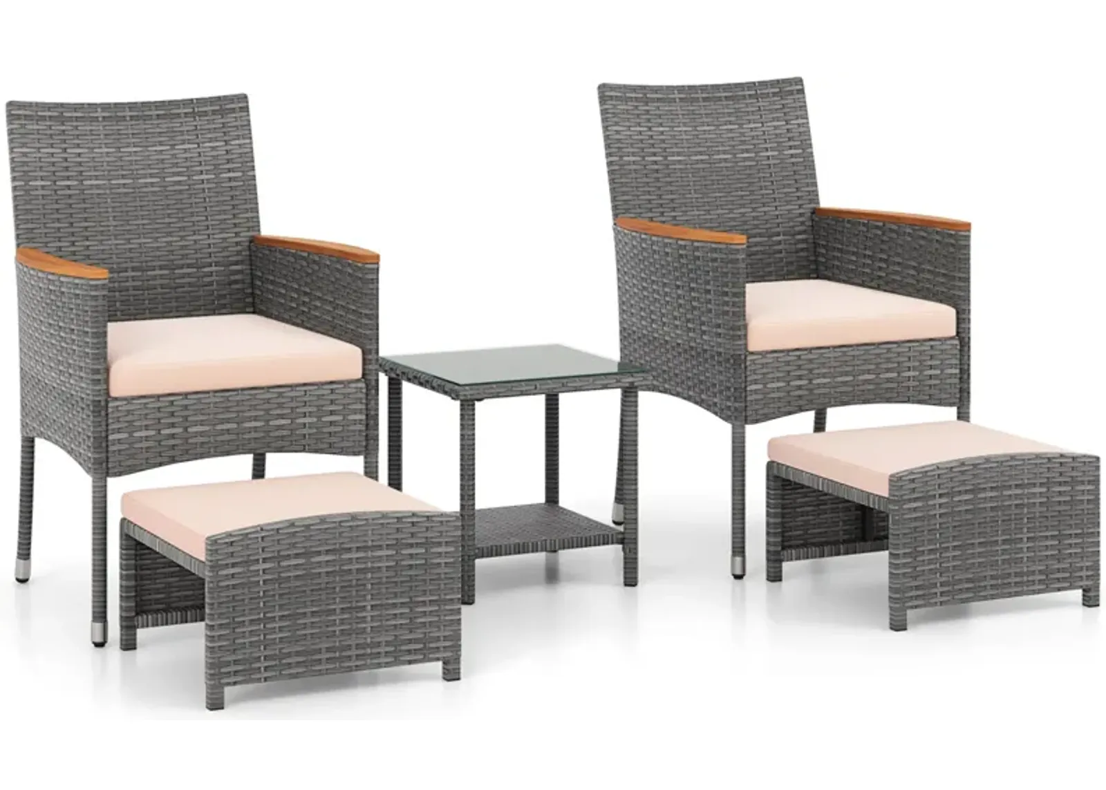 5 Pieces Patio Conversation Set with Soft Cushions and Ottomans-Beige