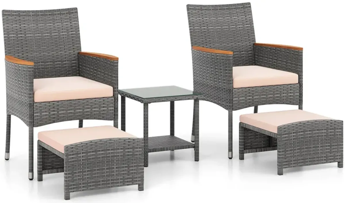 5 Pieces Patio Conversation Set with Soft Cushions and Ottomans-Beige