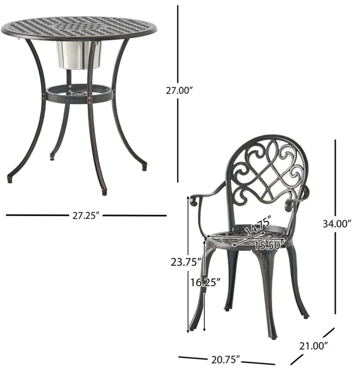 Outdoor Bistro Table Set with 2 Chairs and an Ice Bucket, Coppertone - Benzara