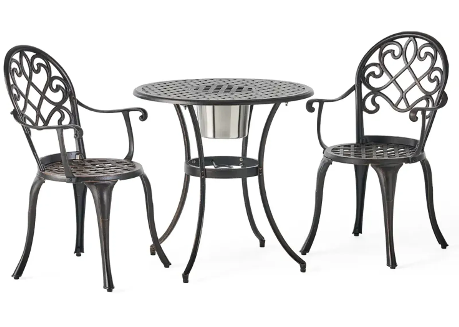 Outdoor Bistro Table Set with 2 Chairs and an Ice Bucket, Coppertone - Benzara