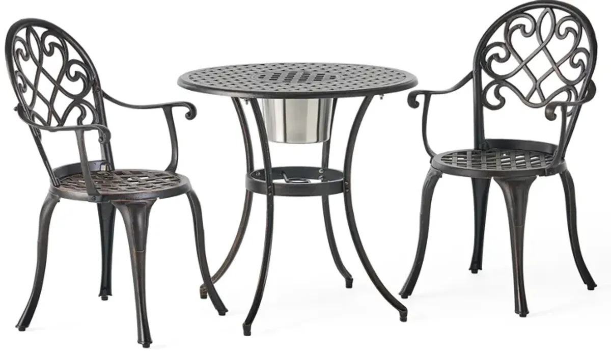 Outdoor Bistro Table Set with 2 Chairs and an Ice Bucket, Coppertone - Benzara