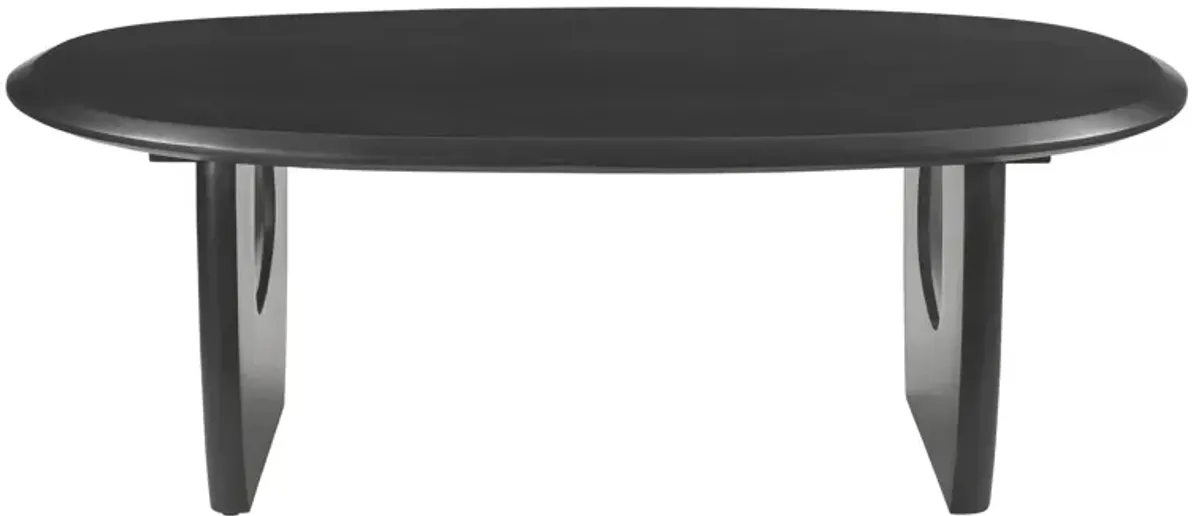 43 Inch Coffee Table, Handcrafted Acacia Wood, Cut Out Rounded Panel Legs, Black - Benzara