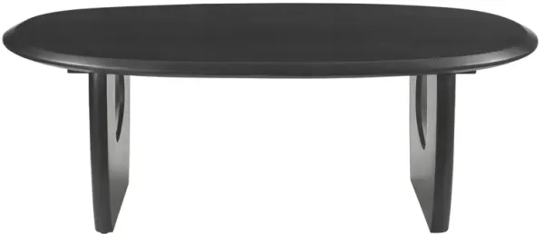 43 Inch Coffee Table, Handcrafted Acacia Wood, Cut Out Rounded Panel Legs, Black - Benzara