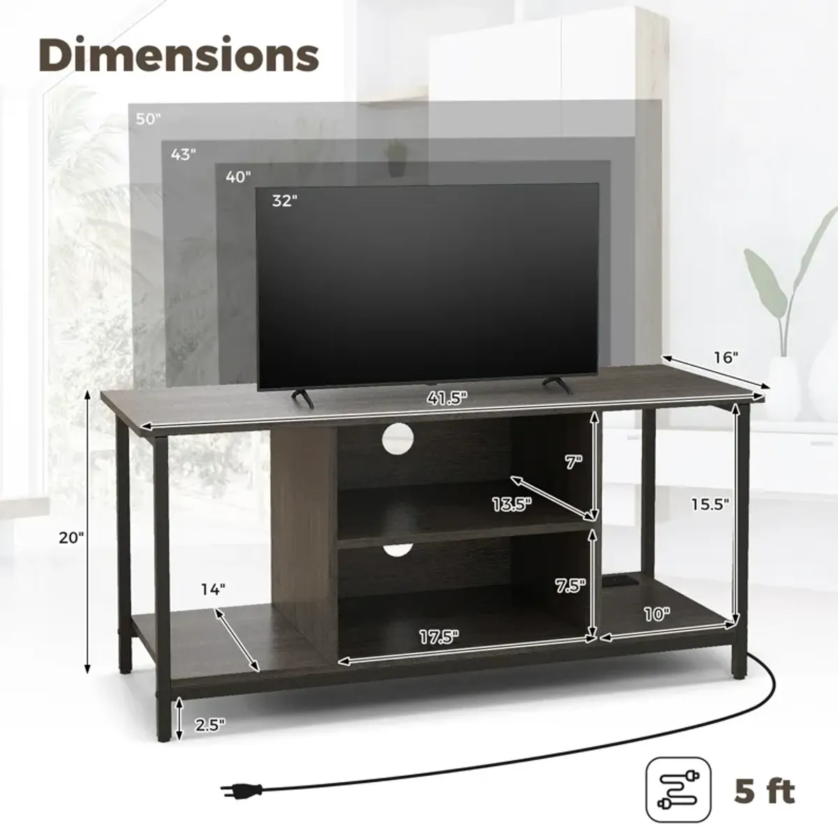 3-Tier TV Stand with Power Outlet USB and Adjustable Shelf-Grey