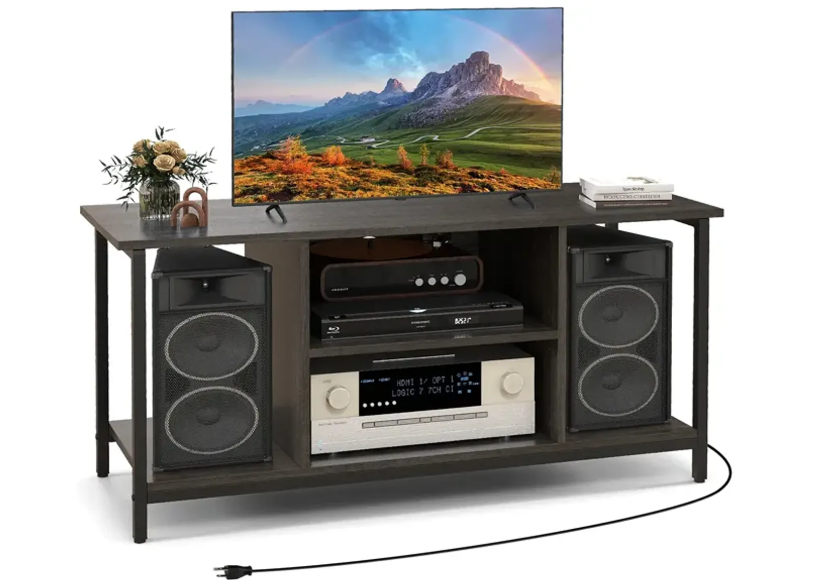 3-Tier TV Stand with Power Outlet USB and Adjustable Shelf-Grey