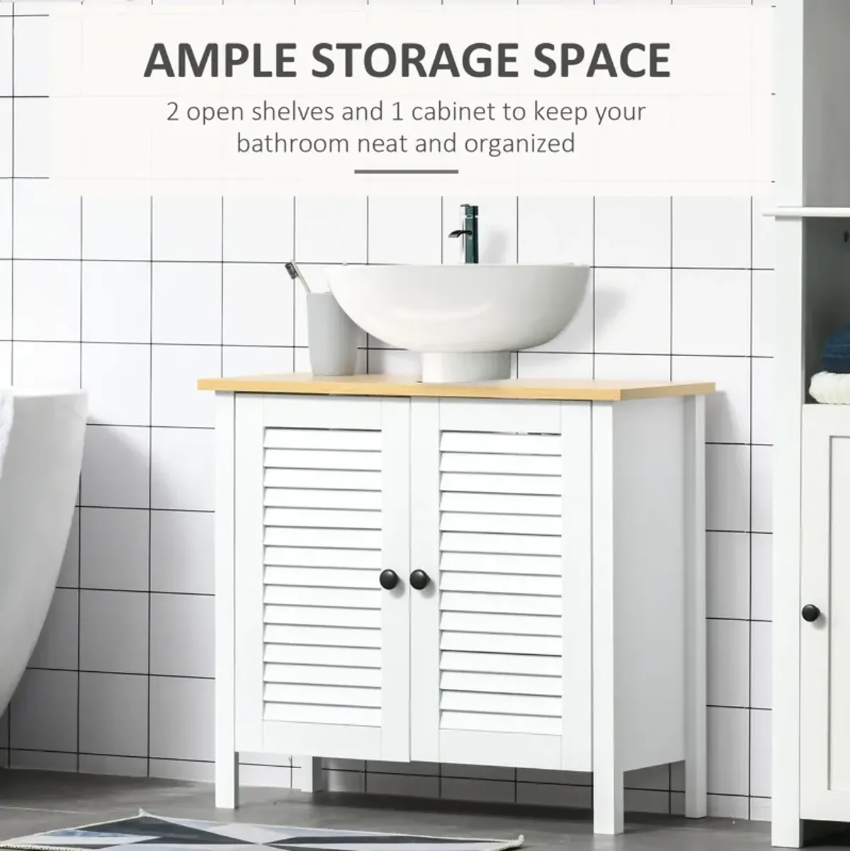 White Under-Sink Storage: Double Layer 2-Door Bathroom Floor Cabinet