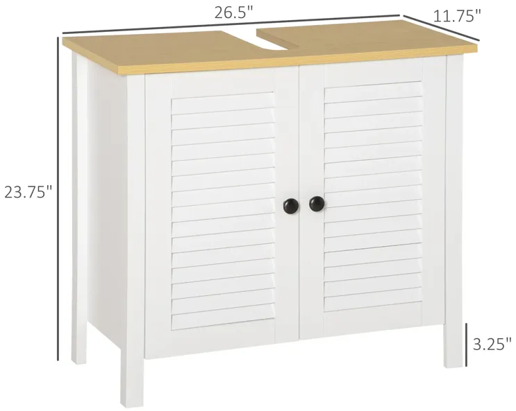 White Under-Sink Storage: Double Layer 2-Door Bathroom Floor Cabinet