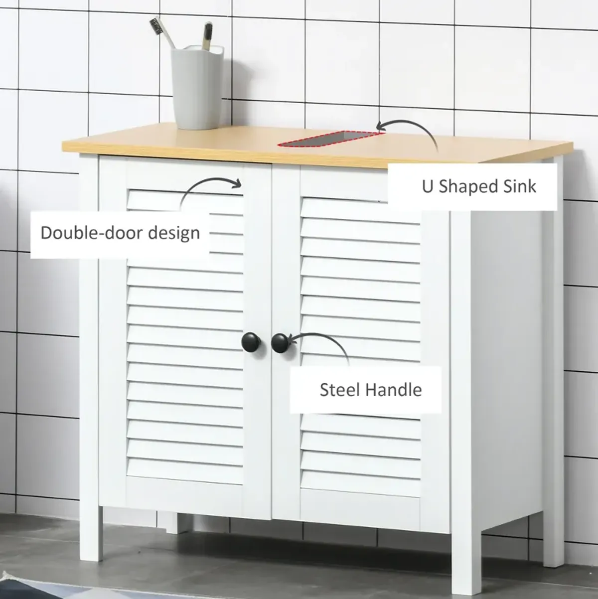 White Under-Sink Storage: Double Layer 2-Door Bathroom Floor Cabinet