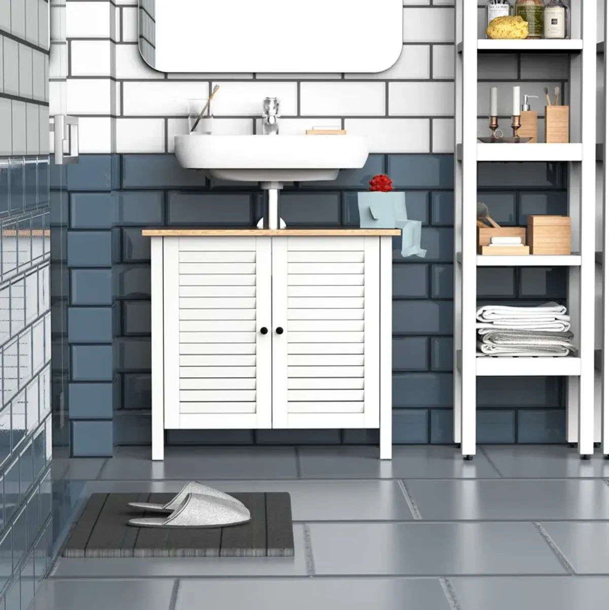 White Under-Sink Storage: Double Layer 2-Door Bathroom Floor Cabinet