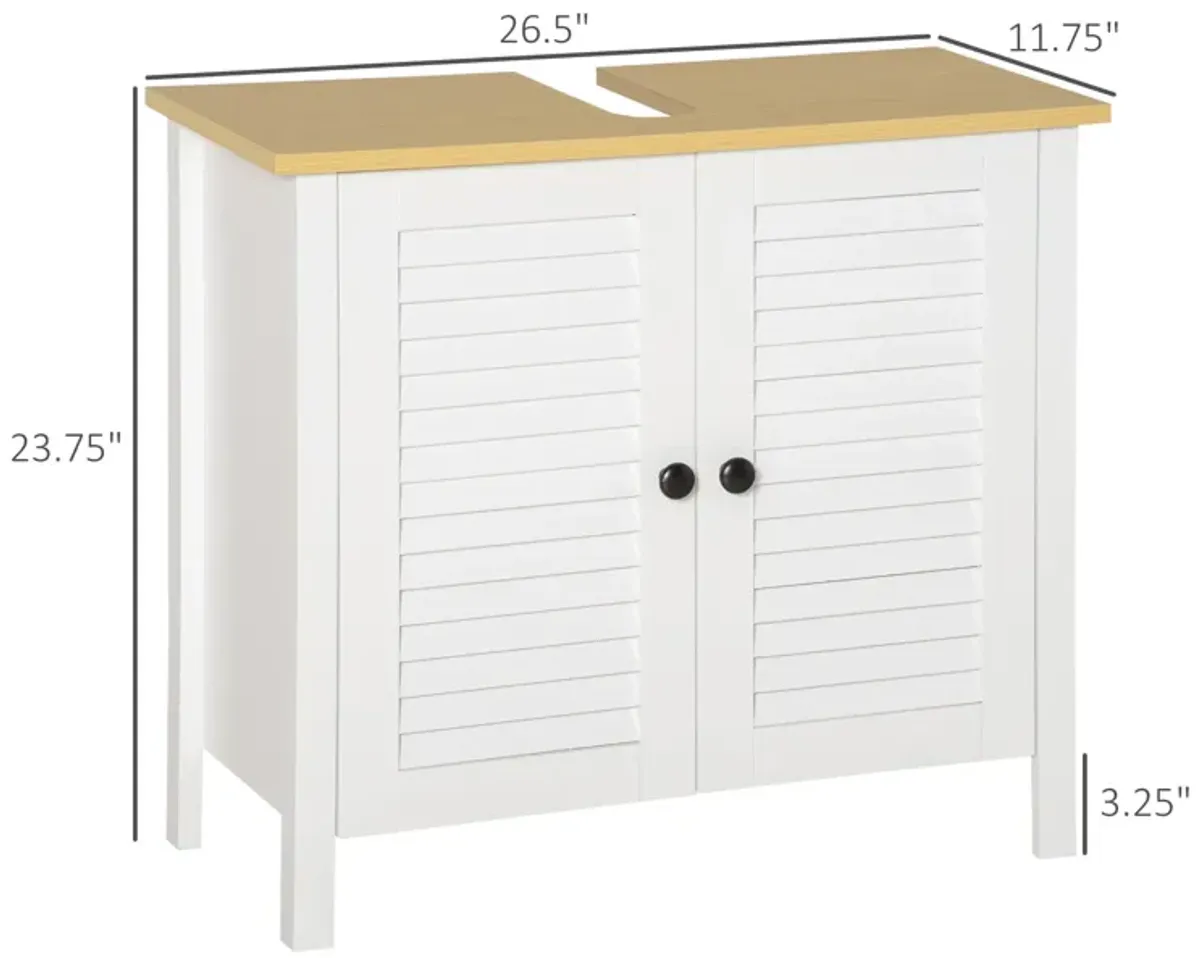 White Under-Sink Storage: Double Layer 2-Door Bathroom Floor Cabinet