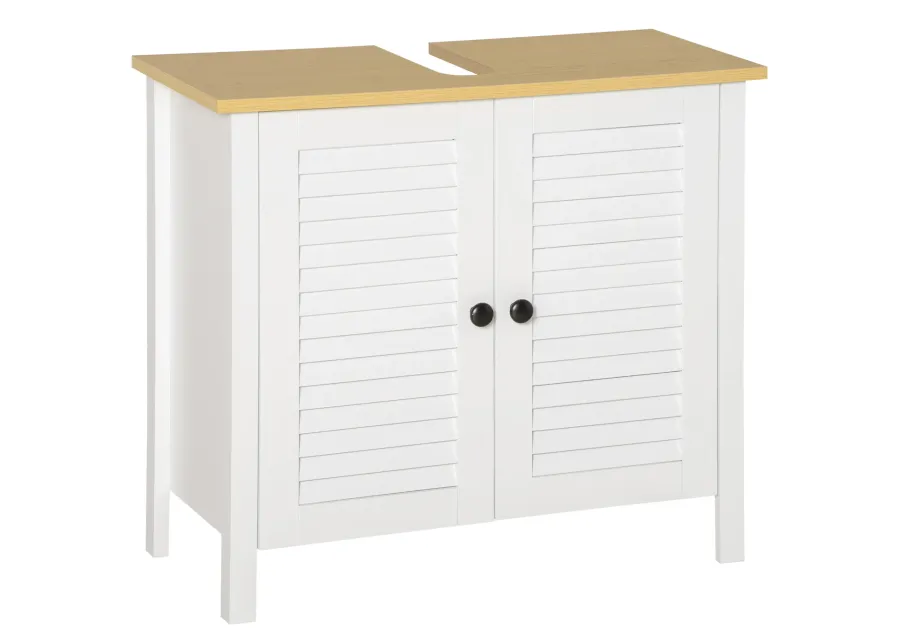 White Under-Sink Storage: Double Layer 2-Door Bathroom Floor Cabinet