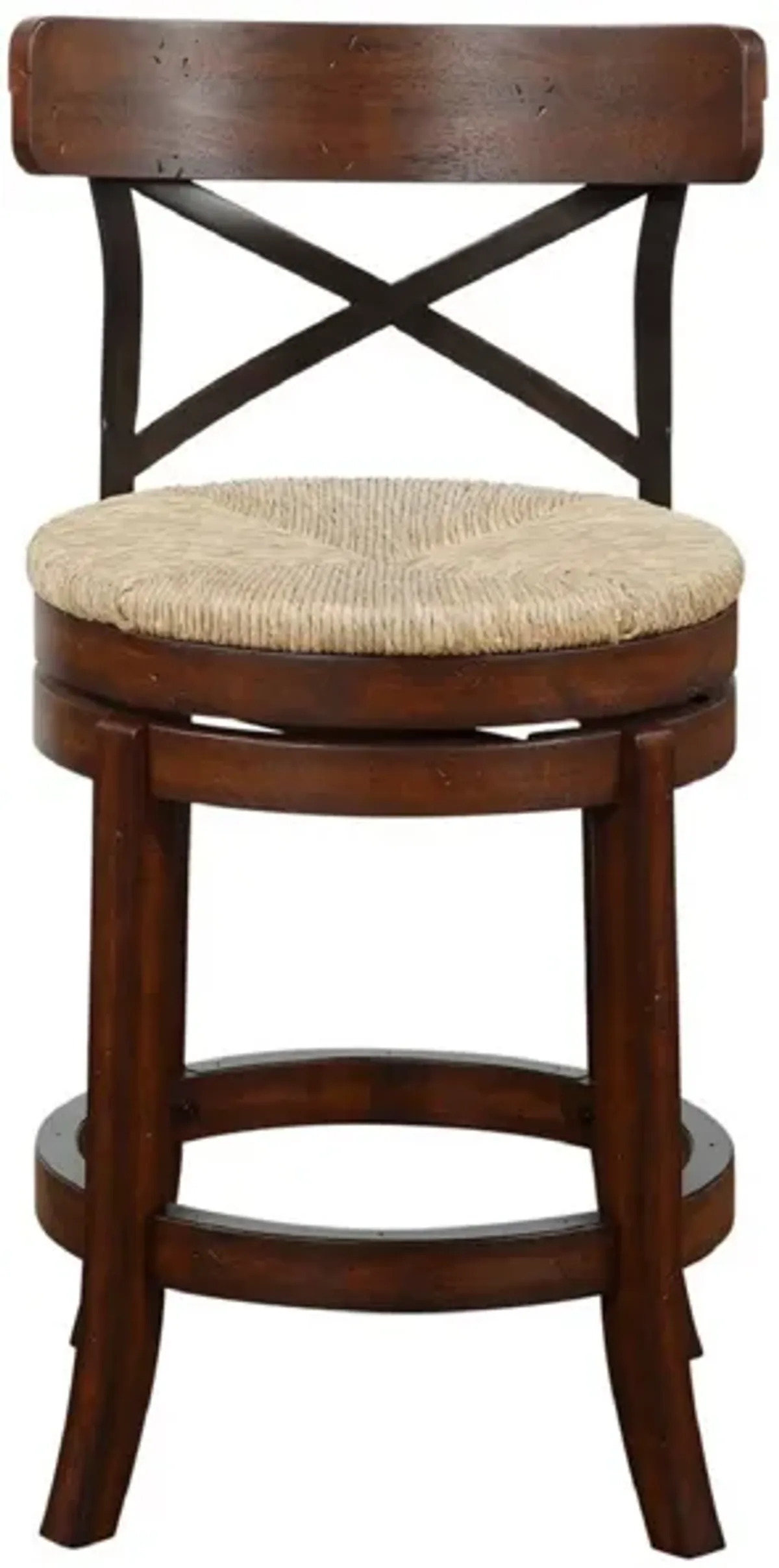 Mia 24 Inch Swivel Counter Stool, Crossed Metal Back, Sedge Seat, Brown-Benzara