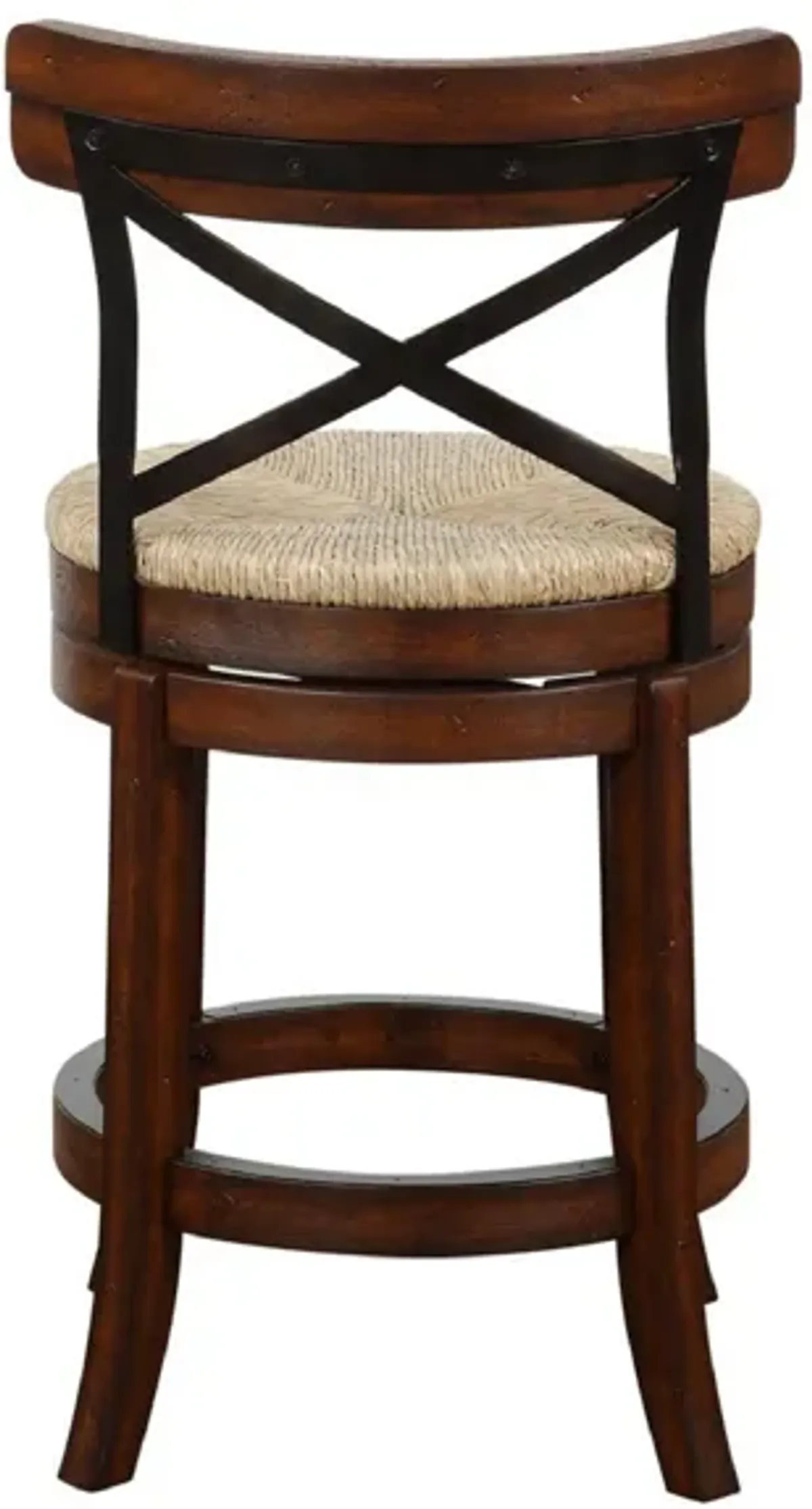 Mia 24 Inch Swivel Counter Stool, Crossed Metal Back, Sedge Seat, Brown-Benzara