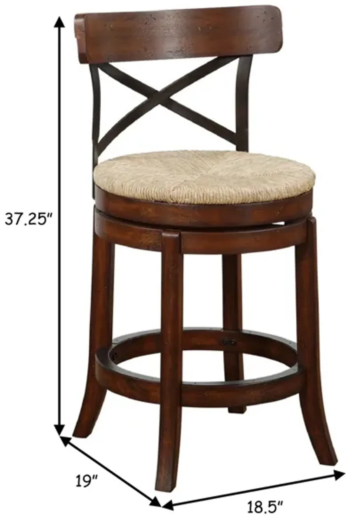 Mia 24 Inch Swivel Counter Stool, Crossed Metal Back, Sedge Seat, Brown-Benzara